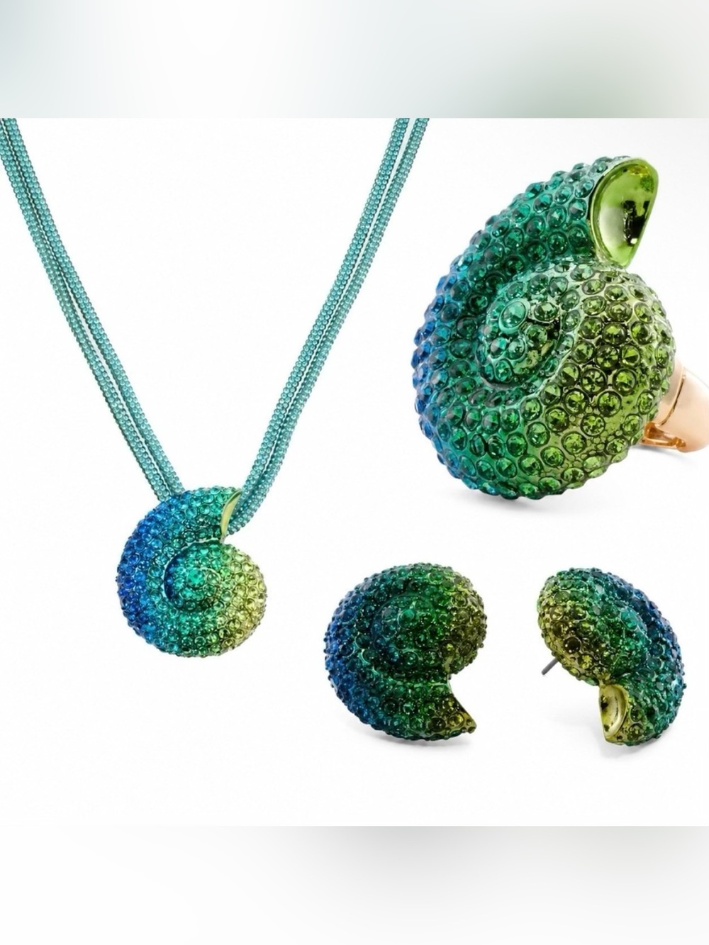 NWT Betsey Johnson Mermaid Jewels Teal Ombre Crystal Shell Jewelry 3pc Set